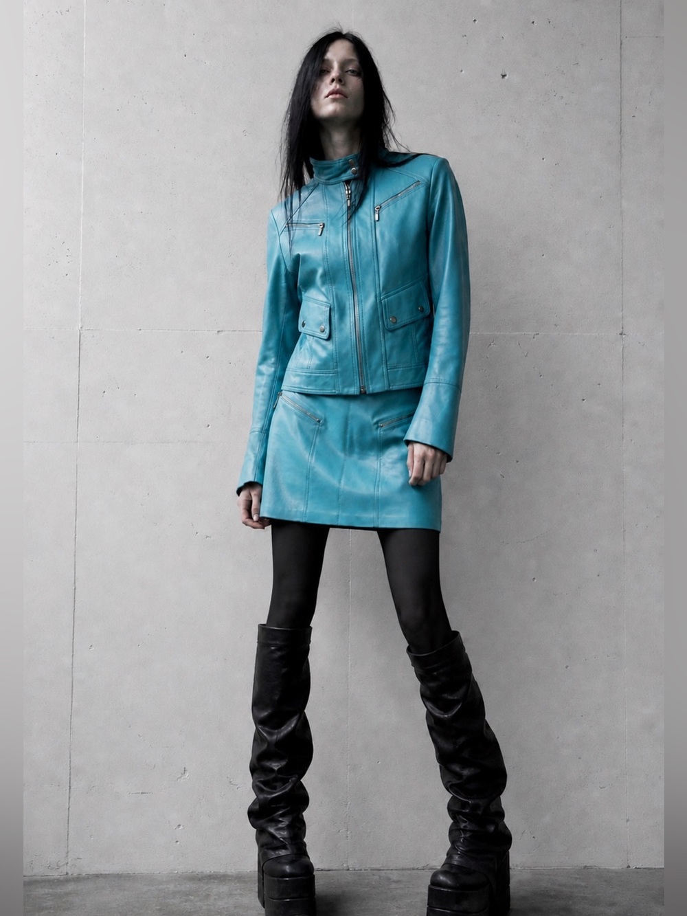Y2K Cache Turquoise Leather Moto Jacket & Mini Skirt Set | Genuine Leather | - Picture 12 of 12